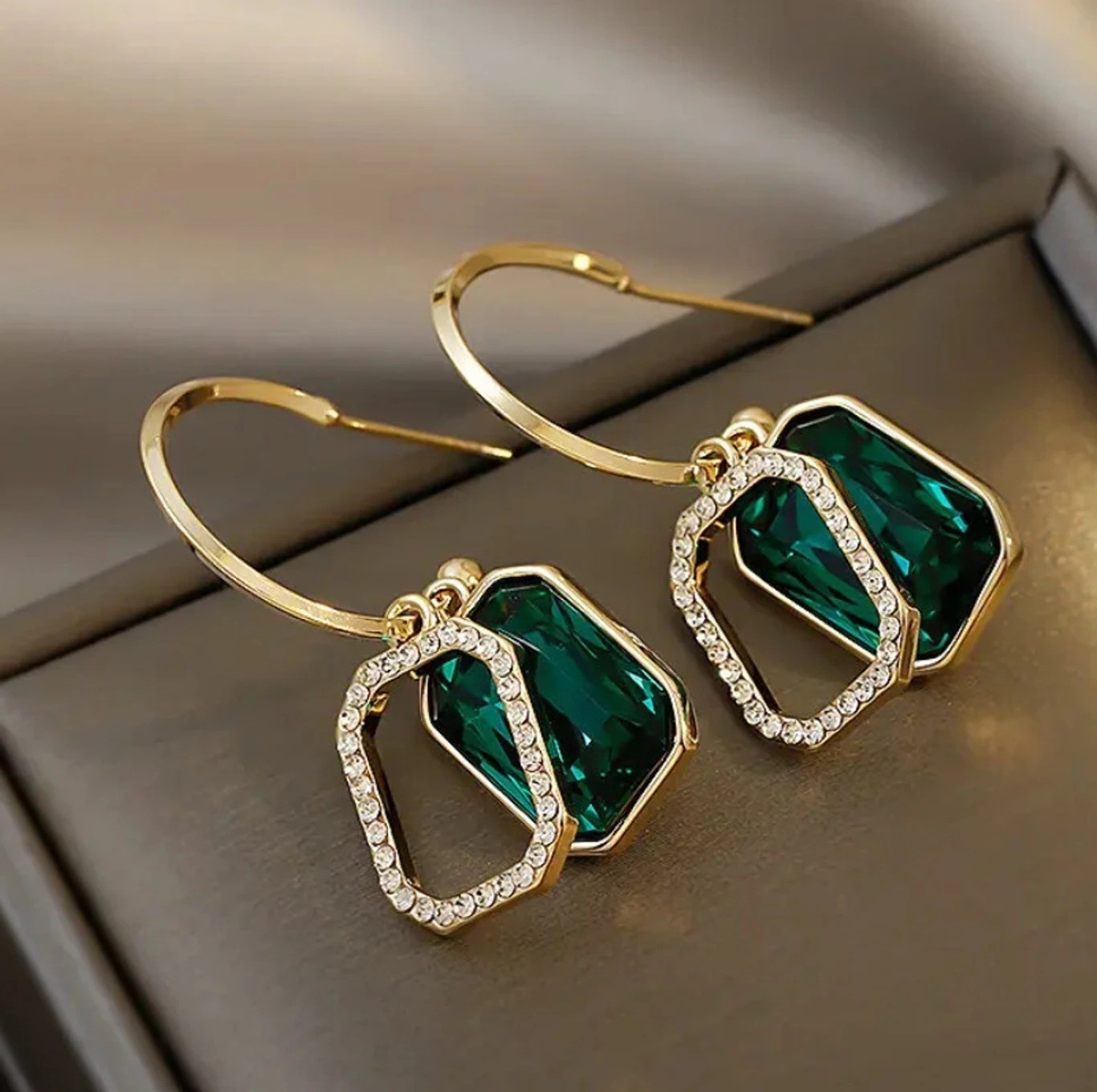Art Deco Emerald Brass Hoop Earrings, Lab Created Gemstone, Women Girls WEDDING