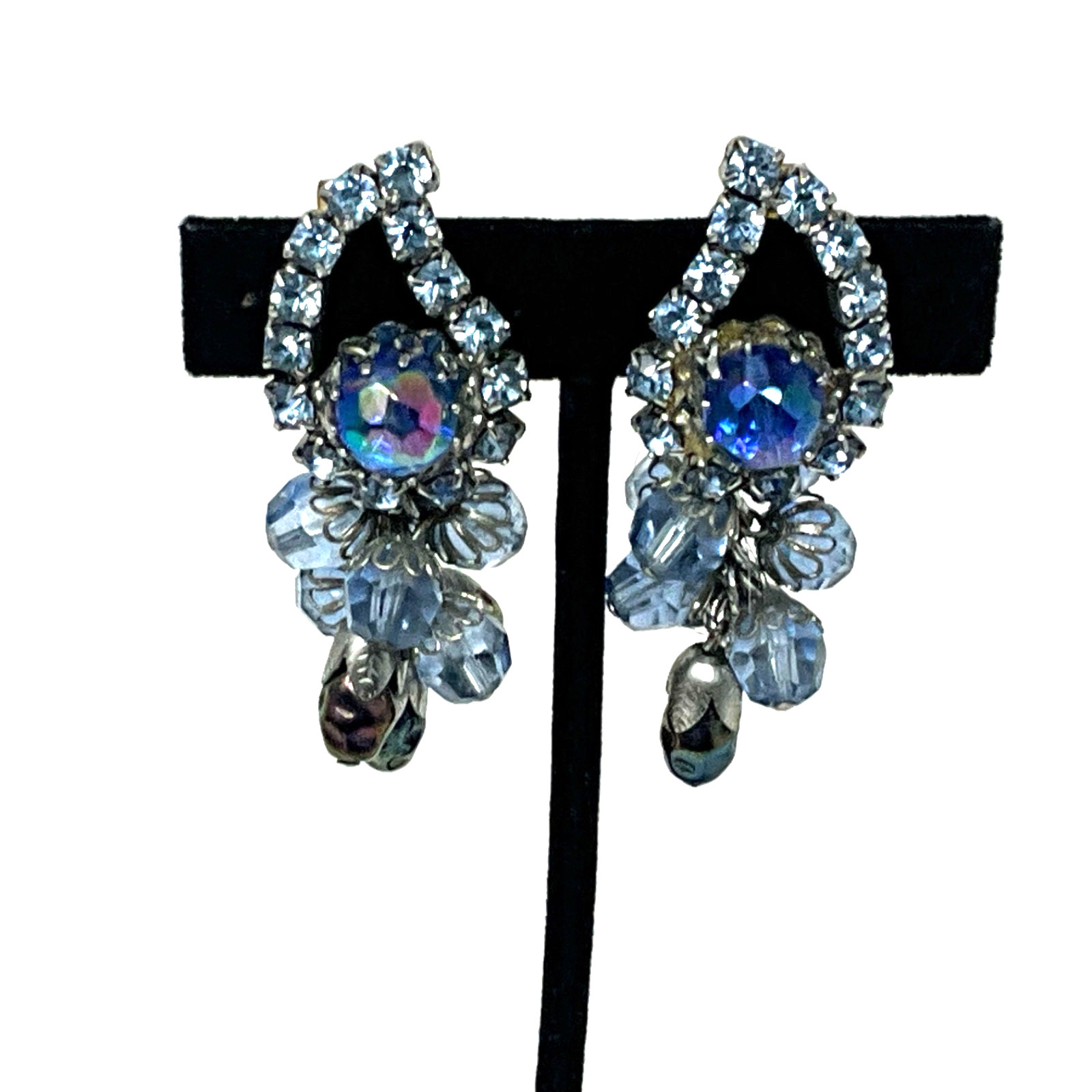Vintage Signed Hobe Pastel Blue Bead Rhinestone Clip On Earrings Waterfall
