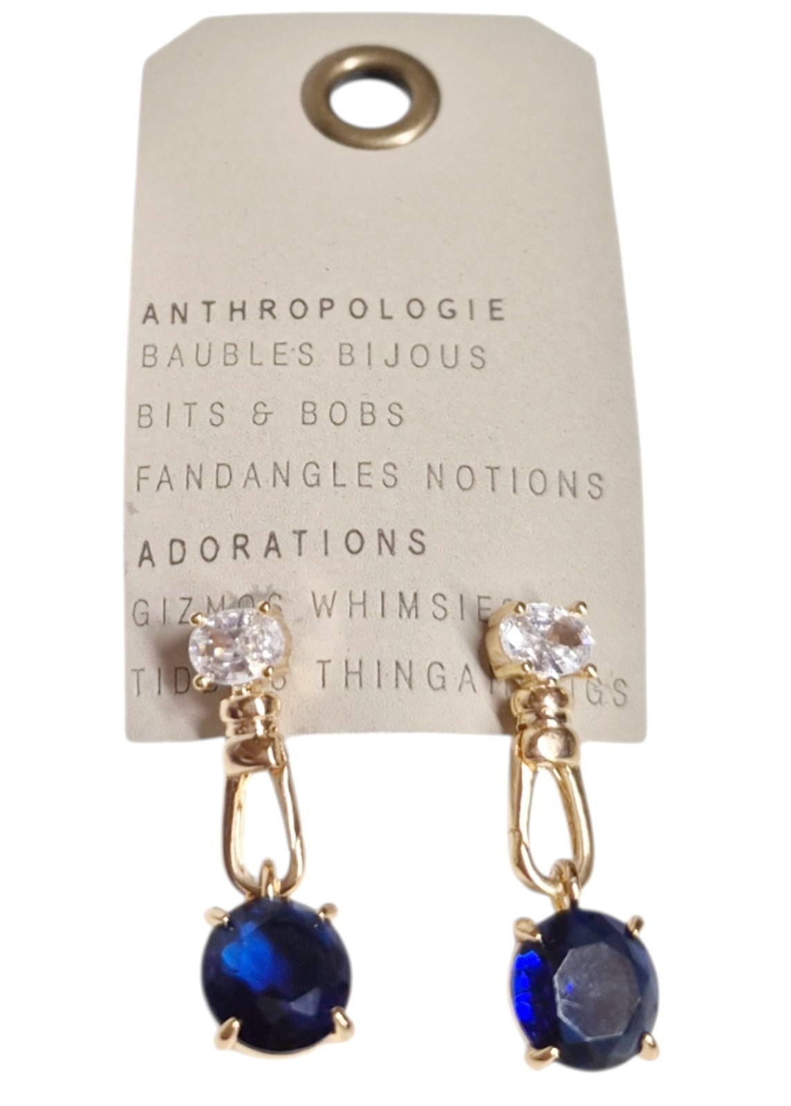 Anthropologie Crystal Clasp Drop Earrings Sapphire Blue 14k Gold Plate Brass NWT