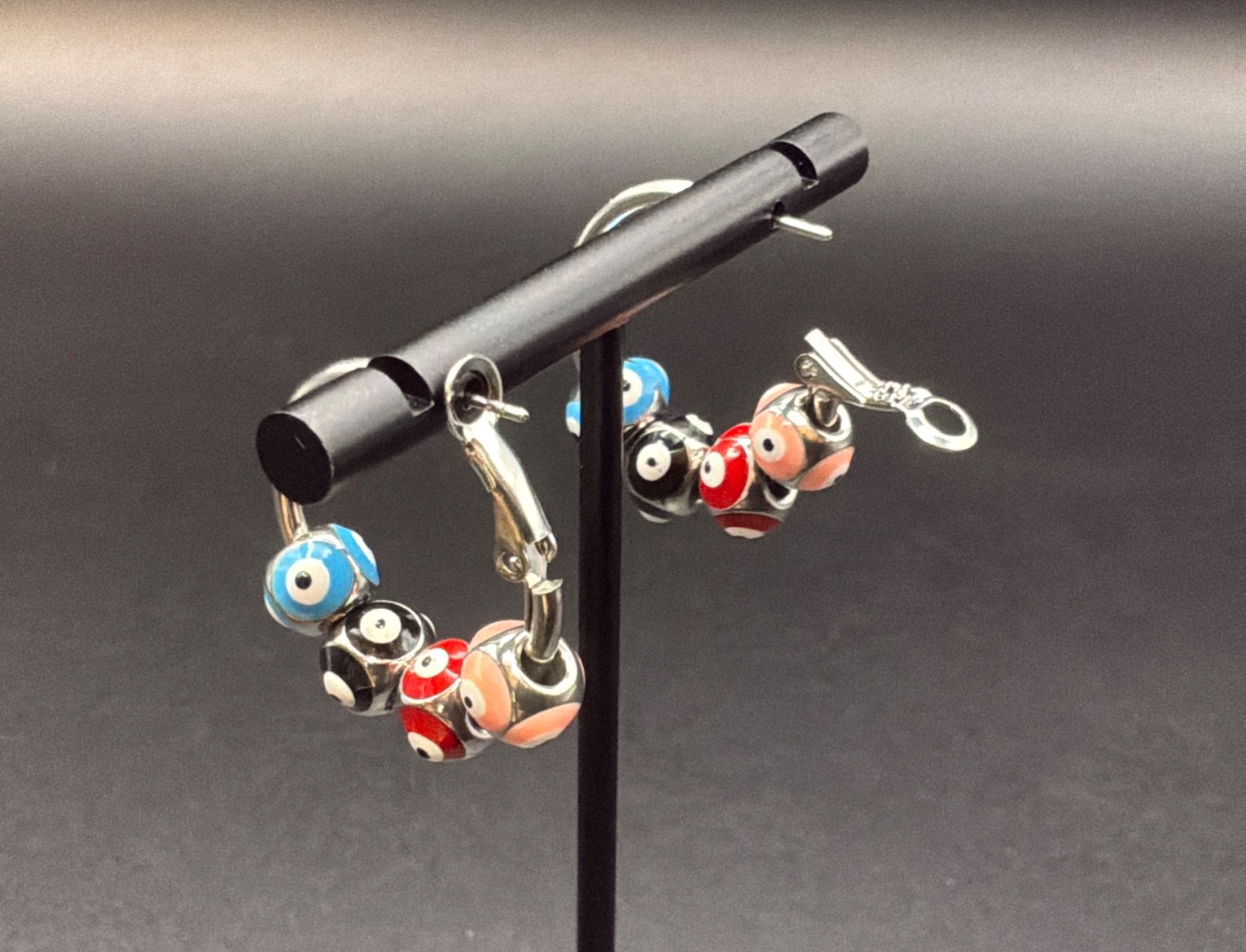 Blue, Black & Red Eye Bead, Stainless Steel Hoop Earrings