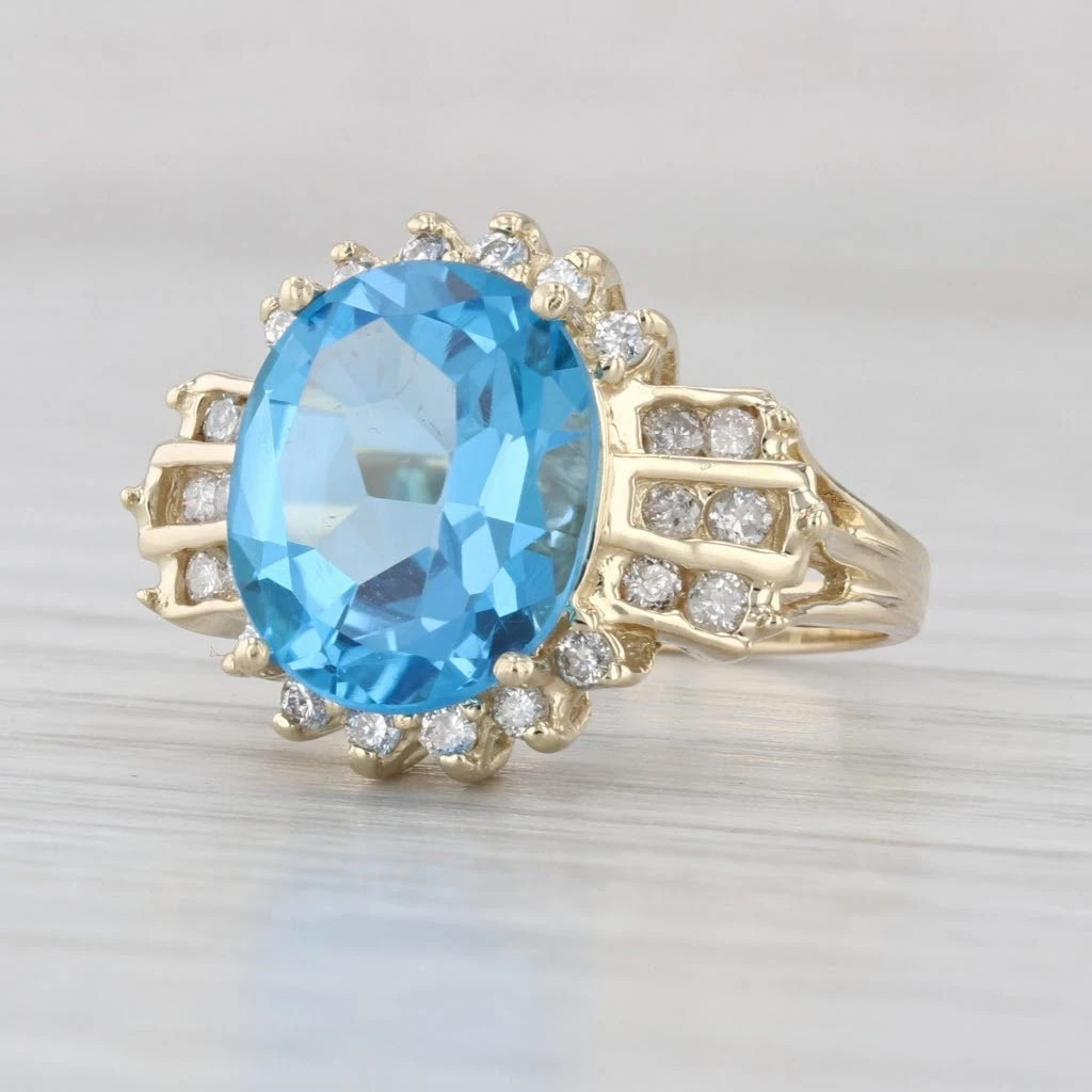 5.58ctw Oval Blue Topaz Diamond Halo Ring 14k Yellow Gold Size 7