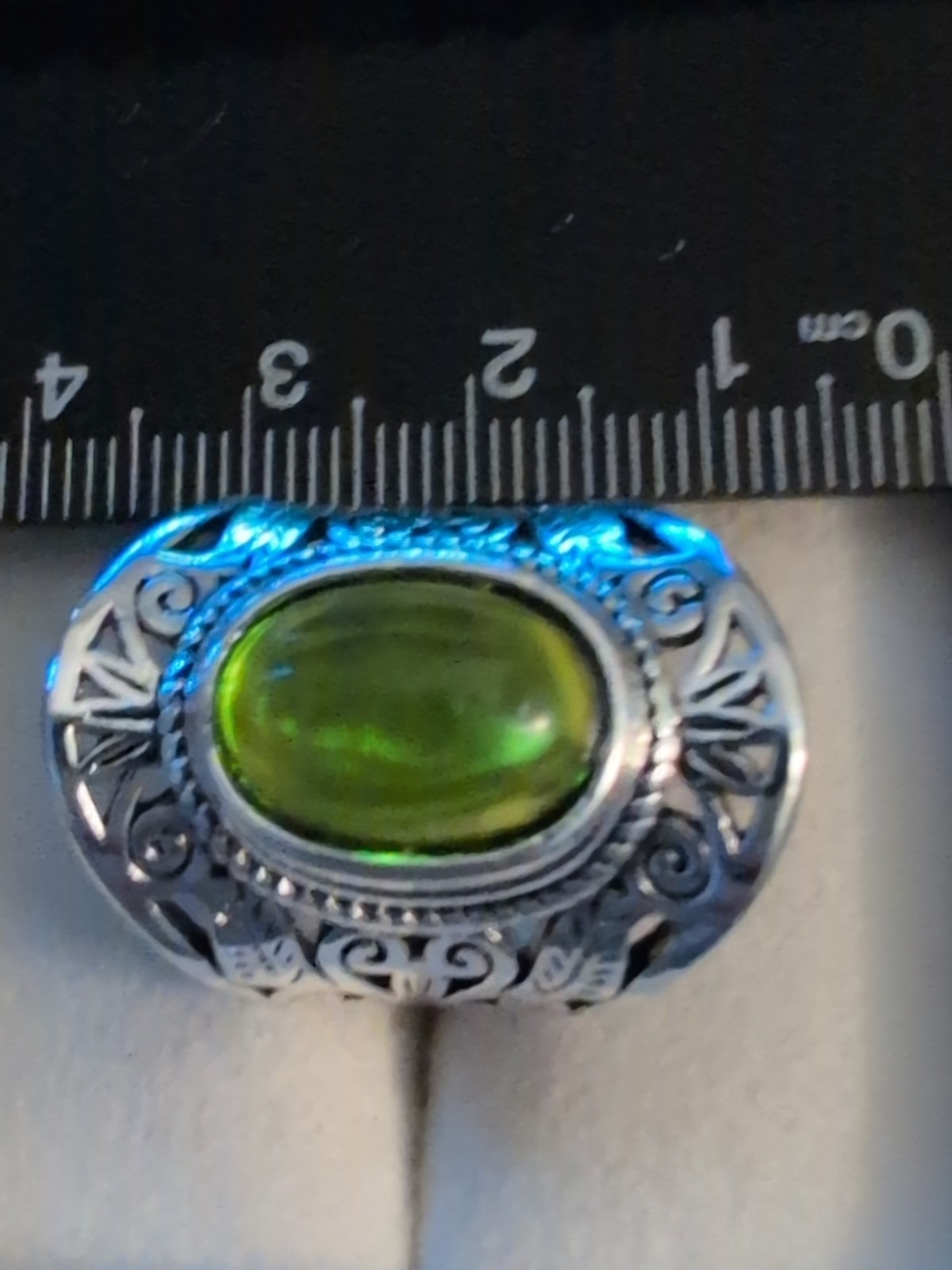 Sterling Silver Size 7 Ornate Vintage Revival Perfect Eye Clean Green Amber