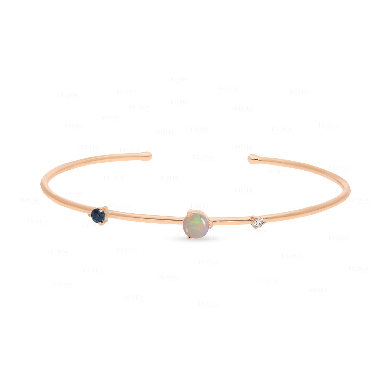 14K Gold Diamond & Blue Sapphire Open Cuff Bracelet, Customizable Center Stone