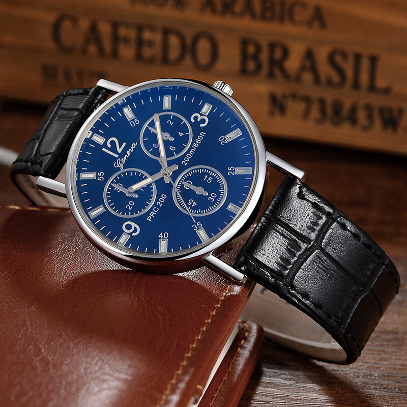 Fashion Men Steel Quartz Watch Black White Leather Band Analog Wristwatch