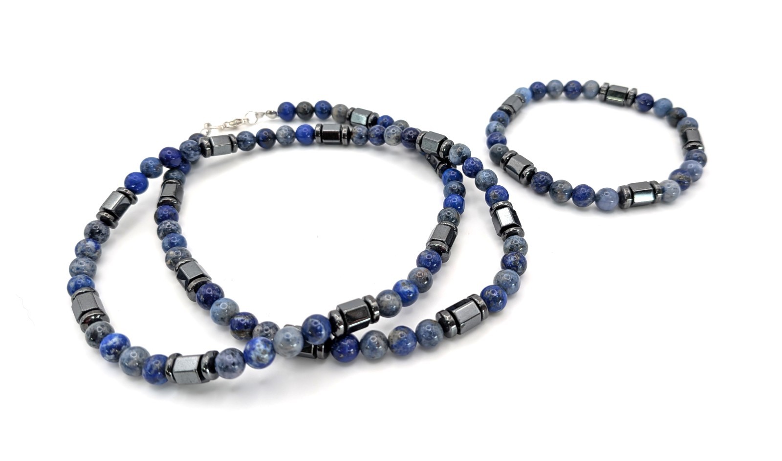 24″ Lapis Lazuli, Dumortierite, and Hematite Beaded Necklace and Bracelet Men’s