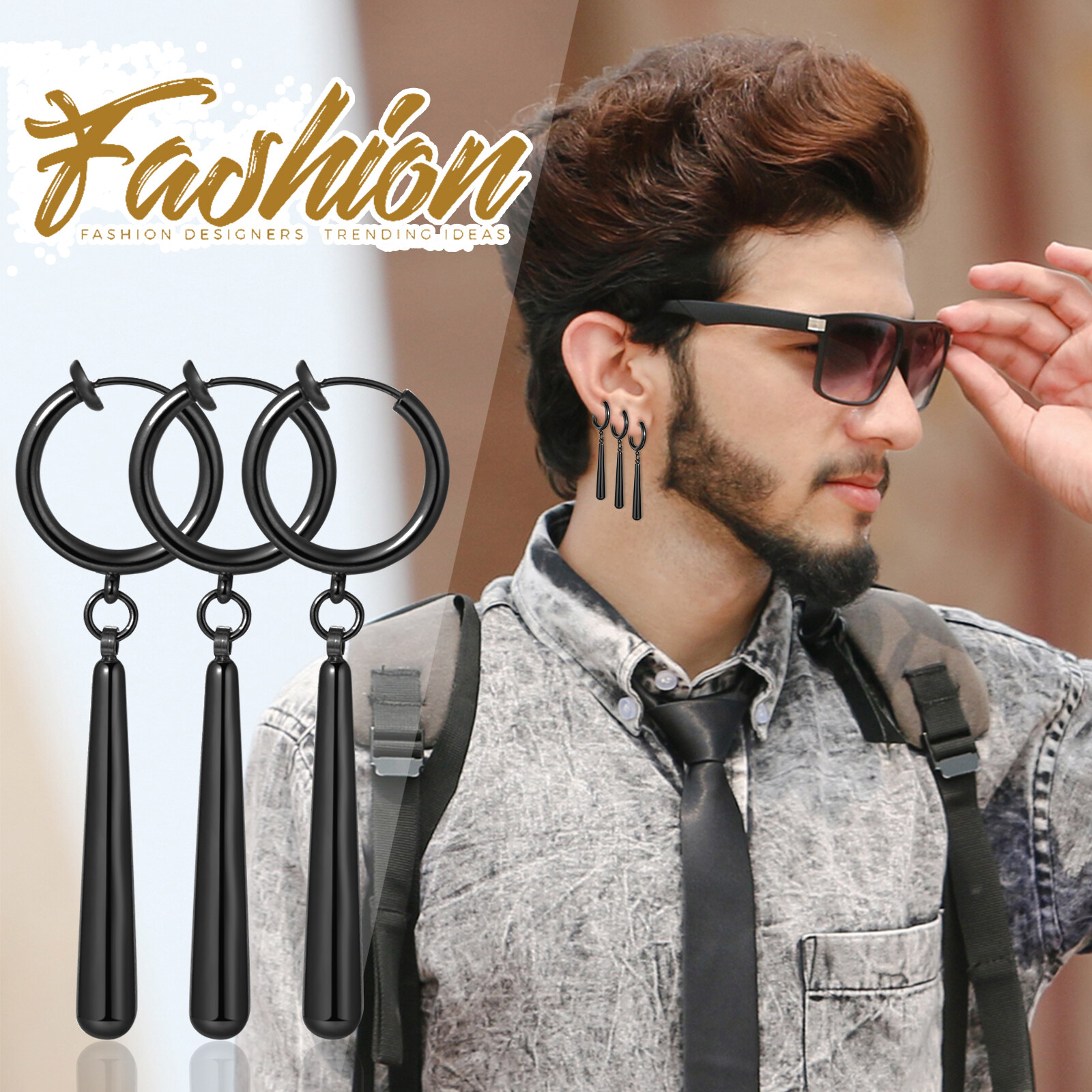 3 Piece Zoro Stainless Steel Anime Cosplay Lover Long Bar Dangle Clip-on Earring