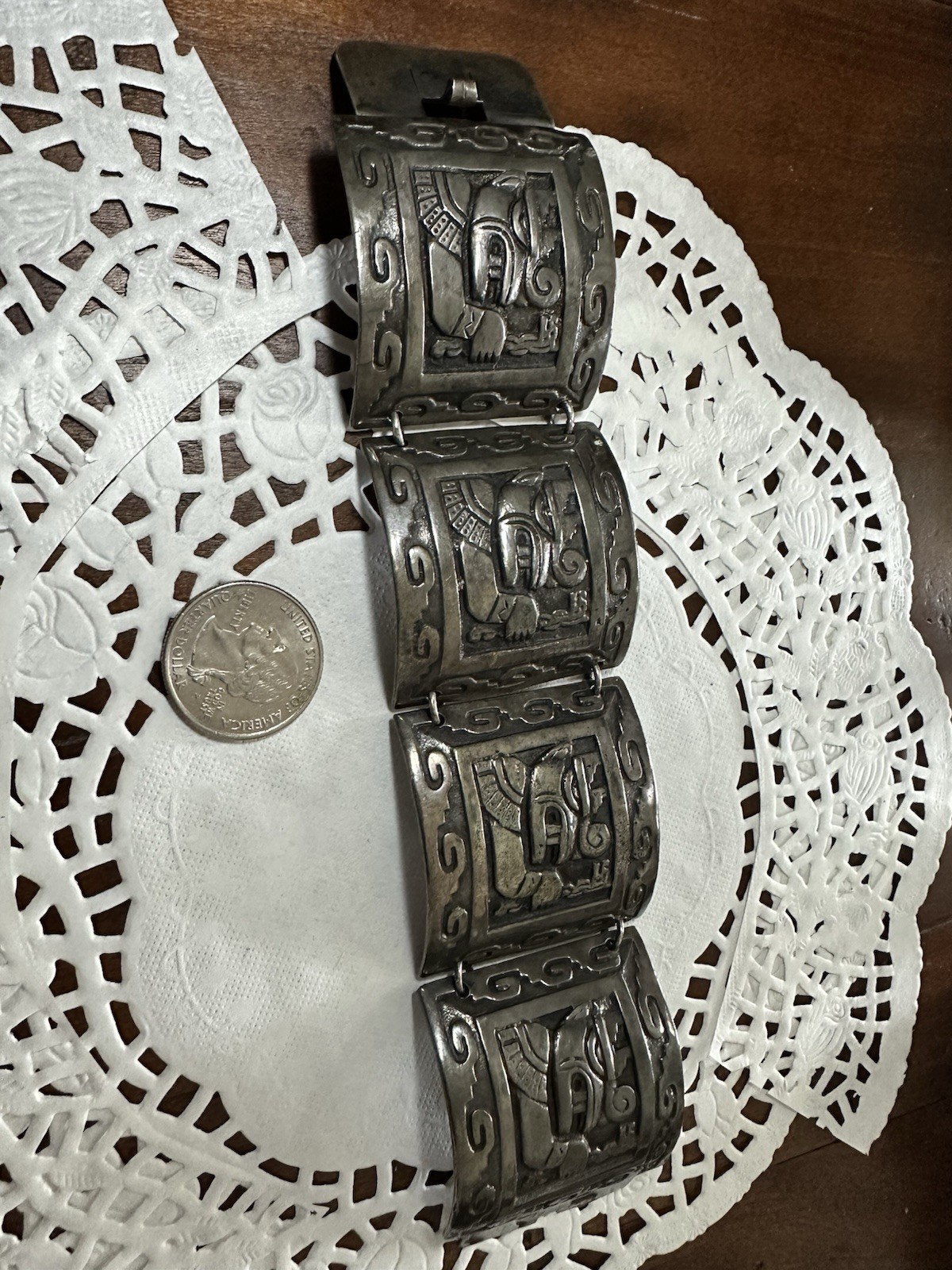 Vintage Heavy Peru 900 Silver Storyteller Panel Bracelet 121.6 gram Inca Deities