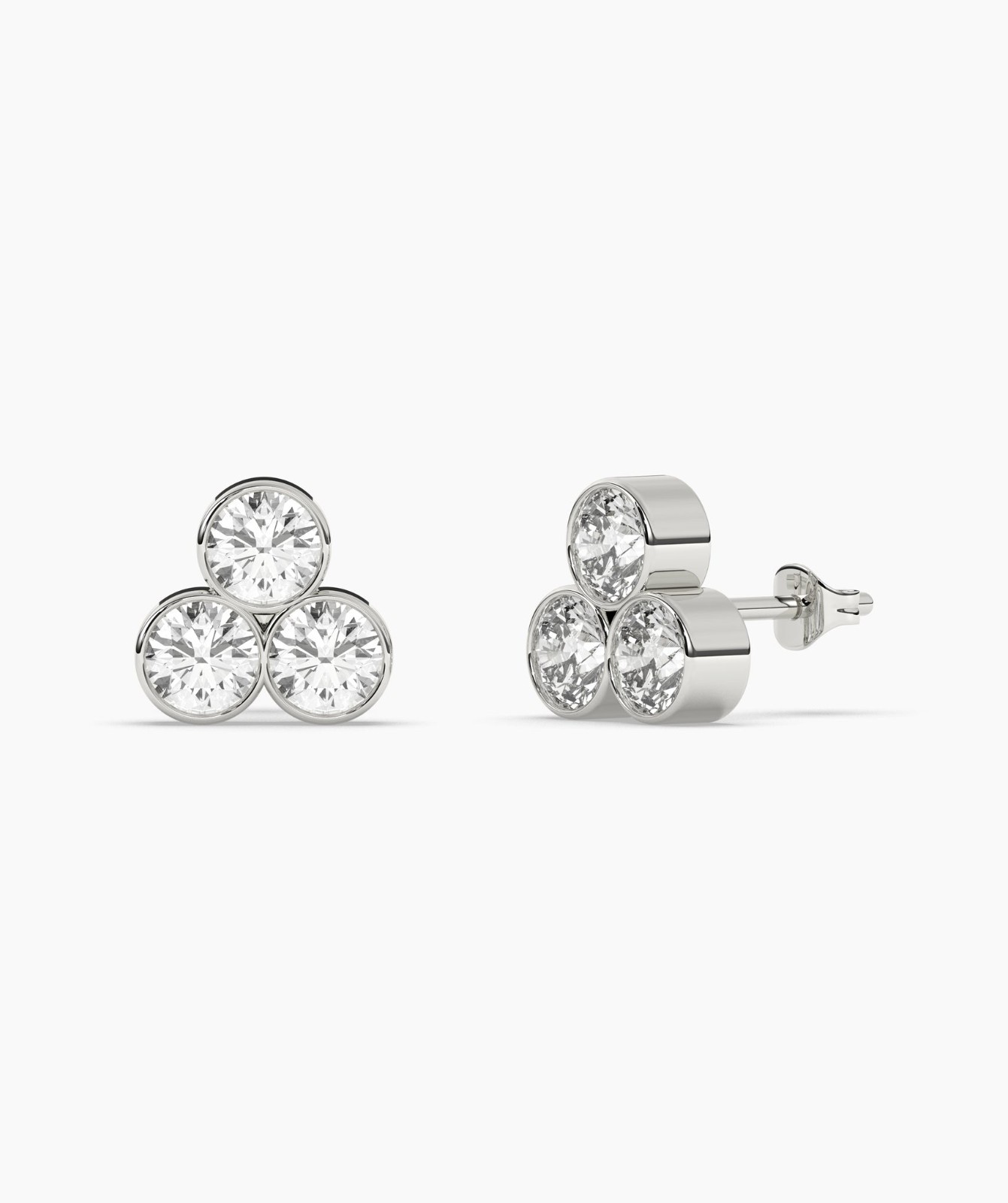 Round Cut Lab Grown Diamond 14K Solid Gold Dainty Trio Bezel Set Stud Earrings