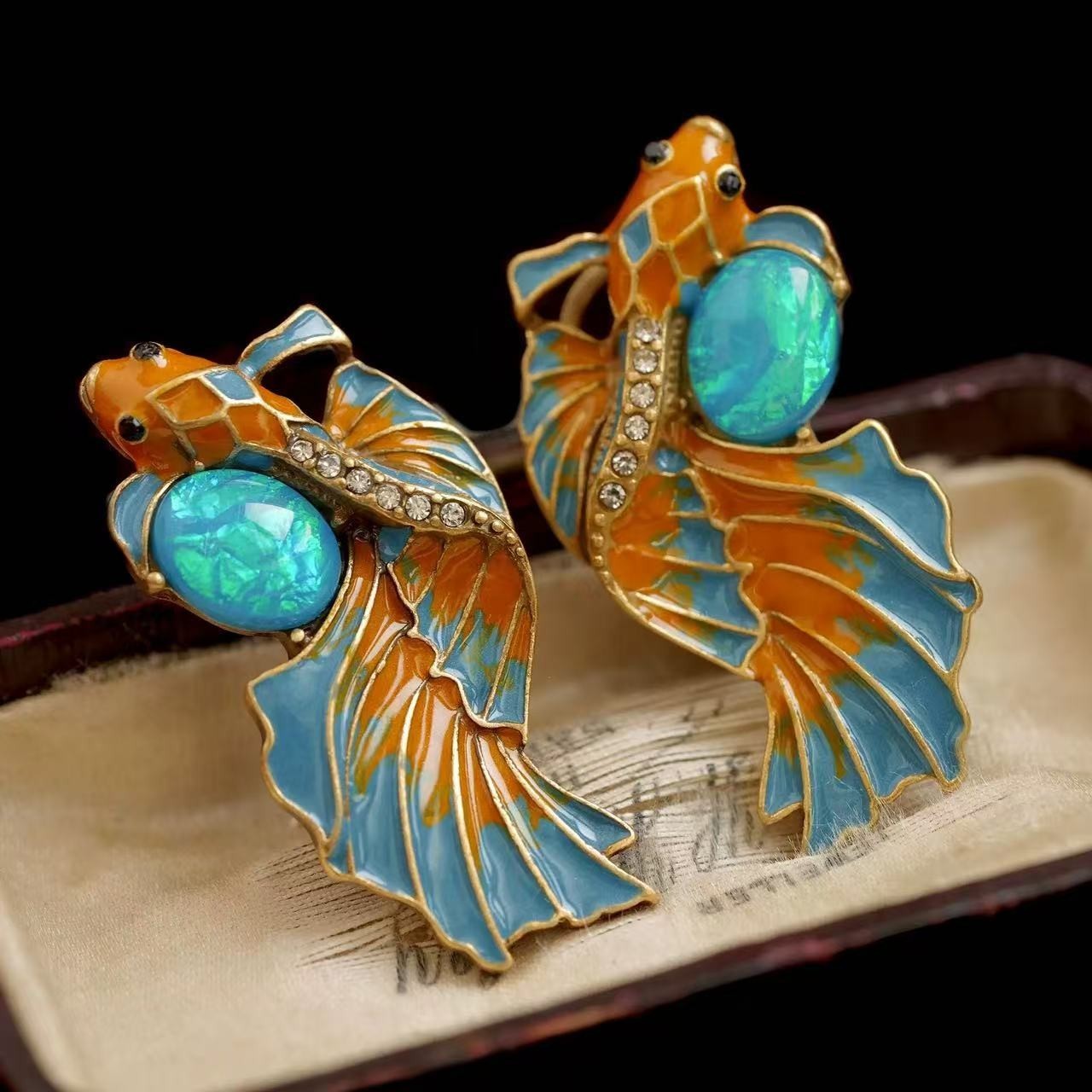 Vintage Enamel Koi Fish Earrings Art Nouveau Statement Jewelry Gold Blue Orange