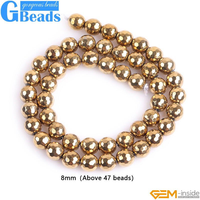 Gold Metallic Coated Reflections Hematite Faceted Round Beads 15″ Free Shipping