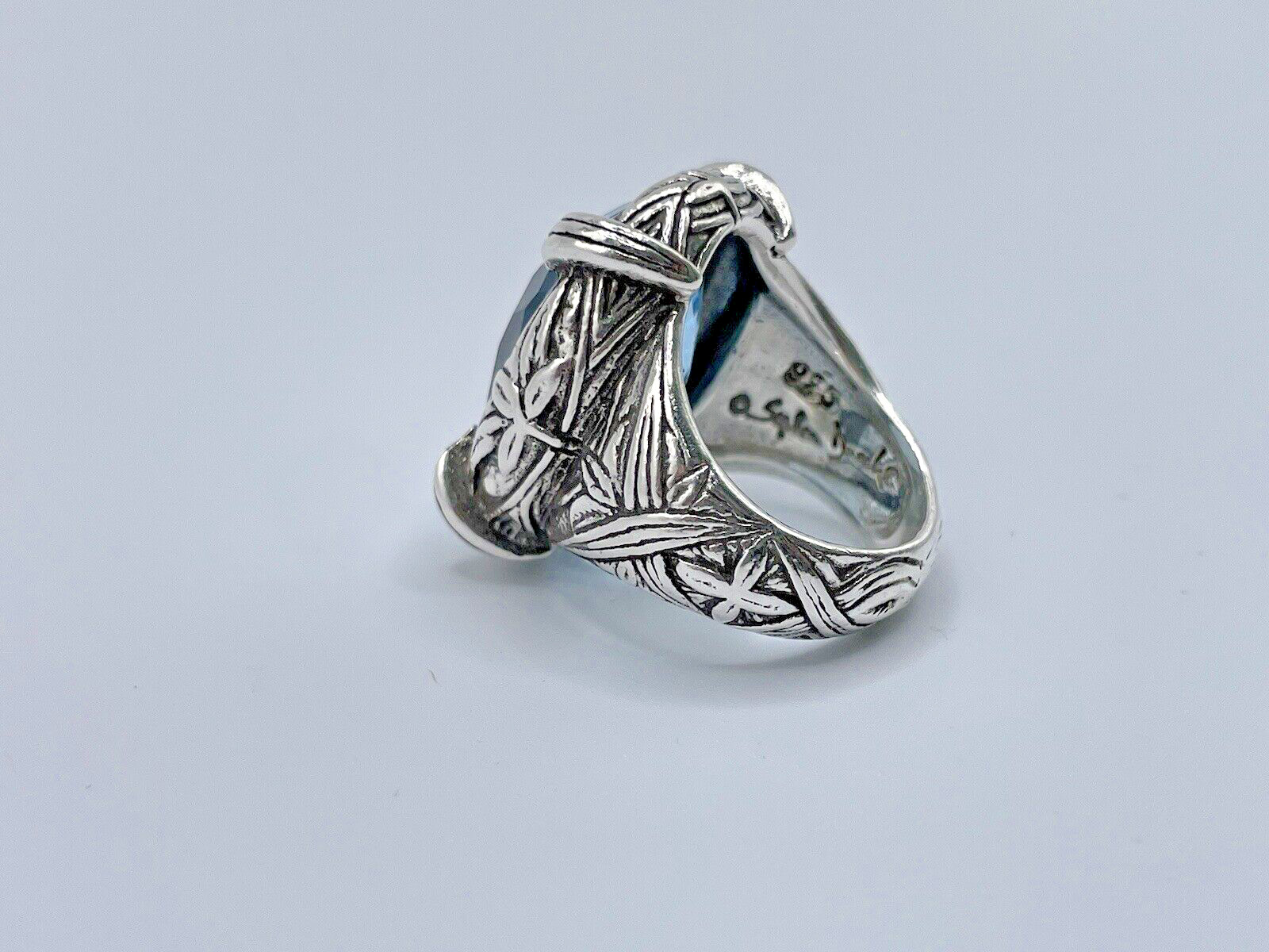 Stephen Dweck Faceted Blue Topaz Ring in Engraved Sterling Silver