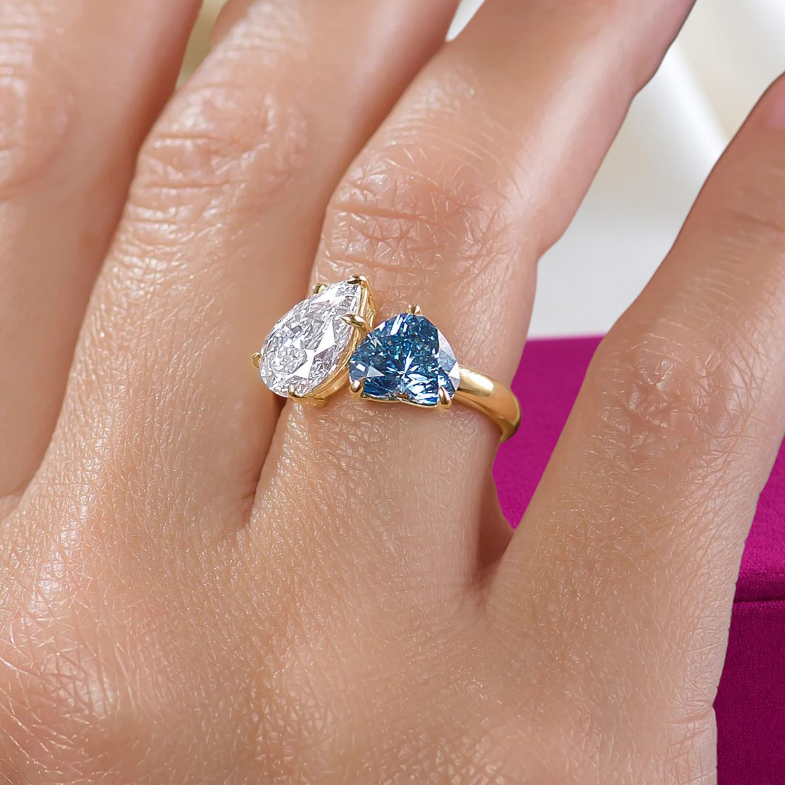 3.00 Ct Heart&Pear Cut 18K Yellow Gold Lab Grown Fancy Intense Blue Diamond Ring