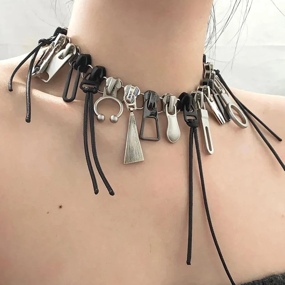 Zipper Chain Necklace Fringe Geometric Punk Style Statement Unisex Jewelry