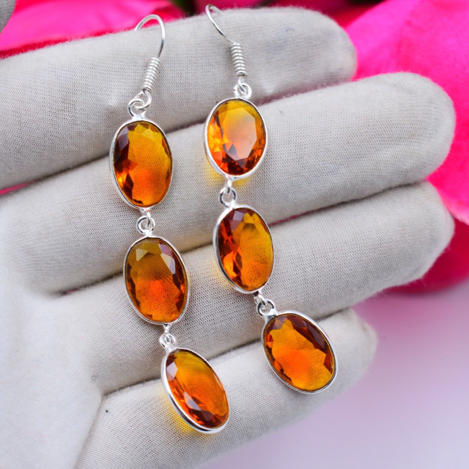 Hessonite Gemstone Handmade 925 Sterling Silver Jewelry Earring Size-2.75″