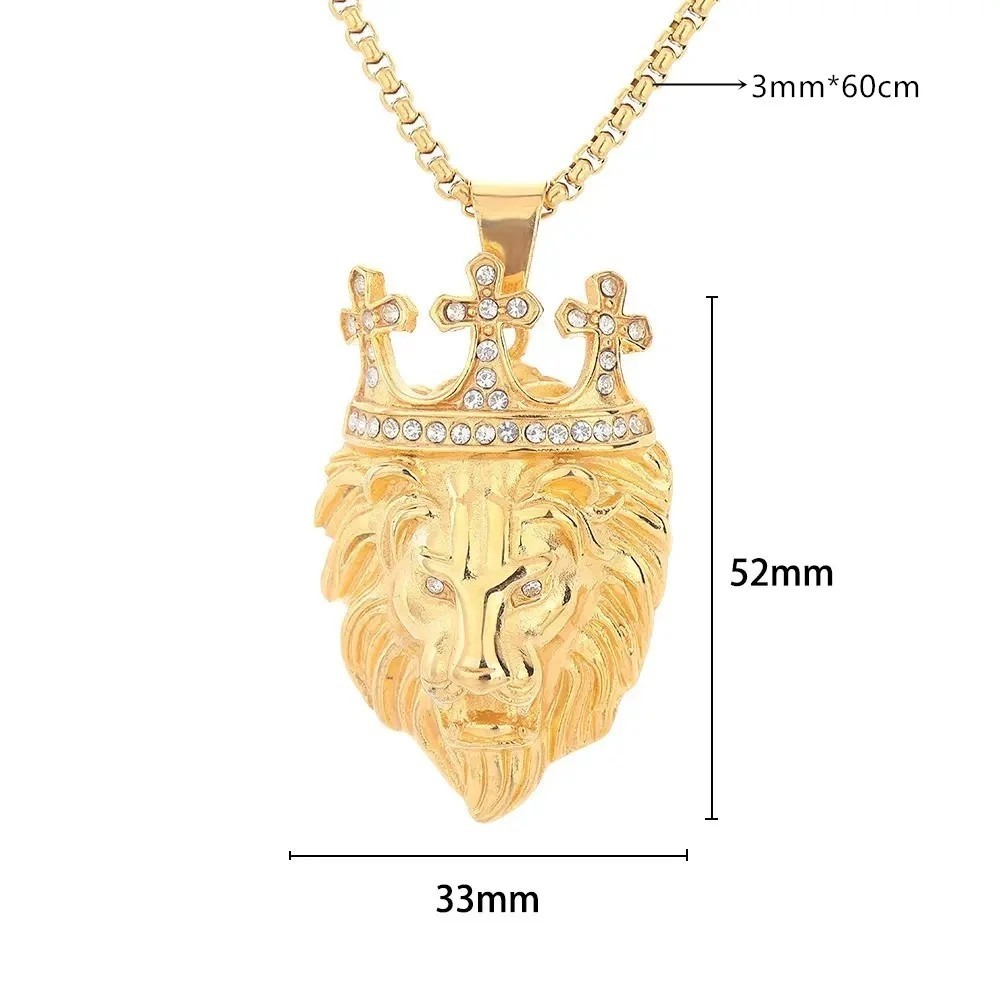 Mens Gold Lion Head Crown Cross Pendant Necklace Hip Hop King Jesus Jewelry