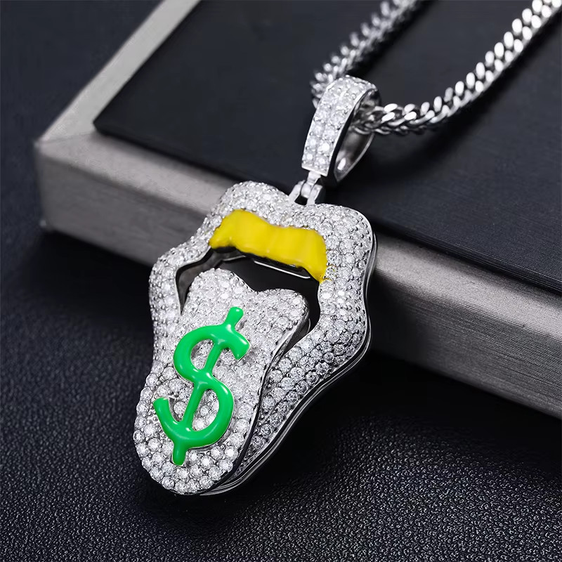 Glow in Dark Dollar Lips Pendant 925 Silver Moissanite 14k White Gold Plated