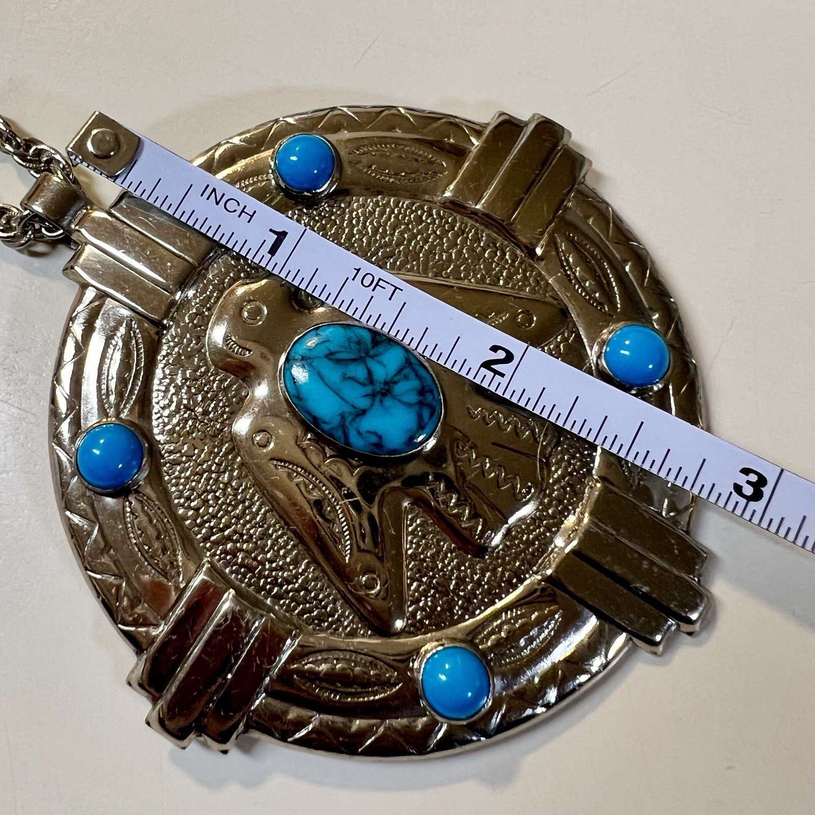 Nickle Silver Bell Vintage Western Navajo Thunderbird Turquoise Pendant Necklace
