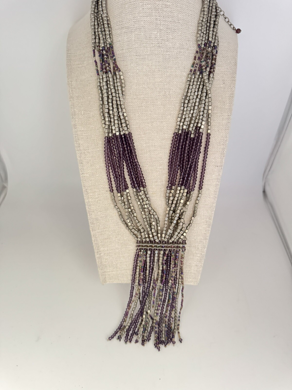Vintage HIMALAYAN GEMS Purple Silver Czech Glass Beaded Waterfall Potay Necklace