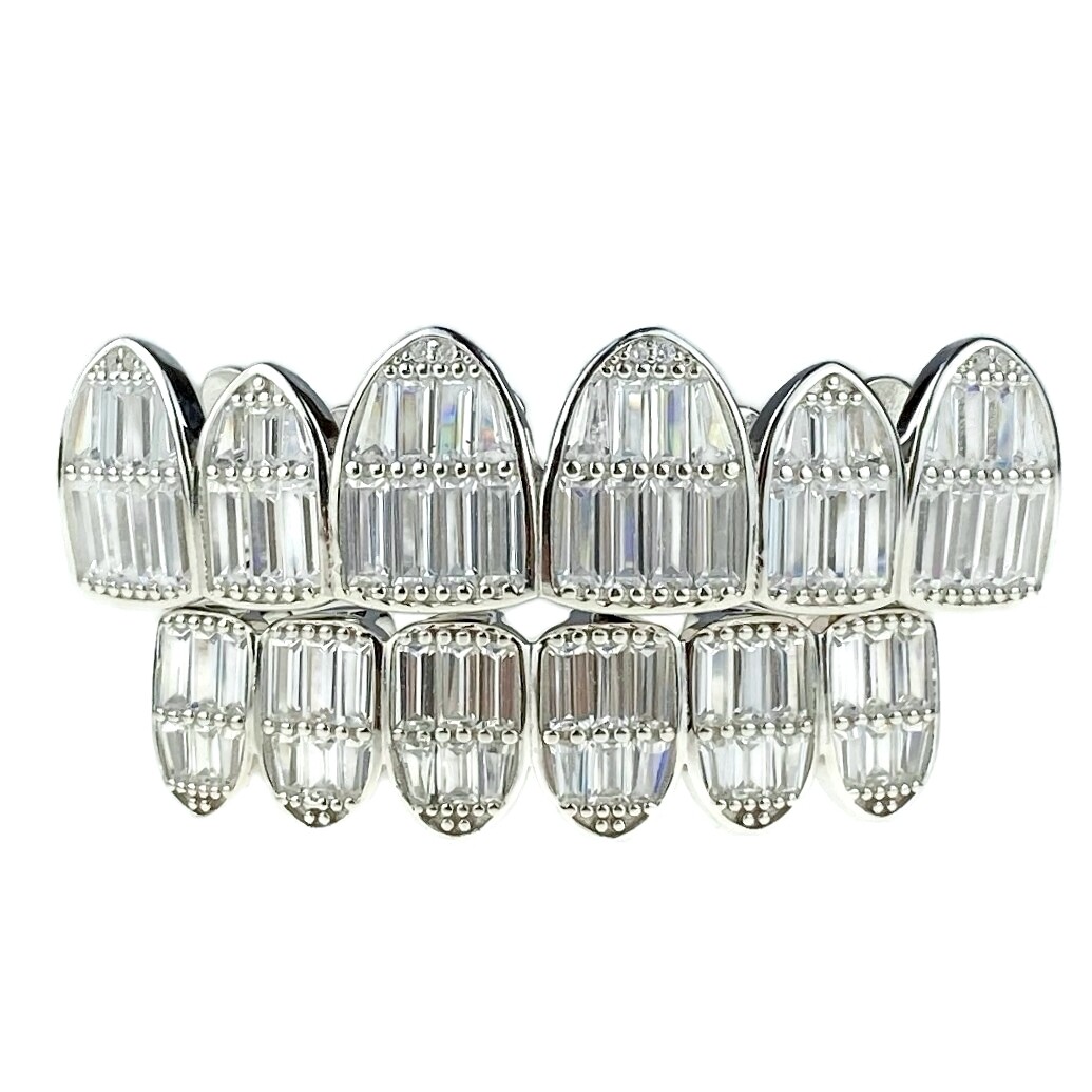 Real 925 Sterling Silver Grillz Set Iced Baguette CZ Flooded Out 6 on 6 Teeth