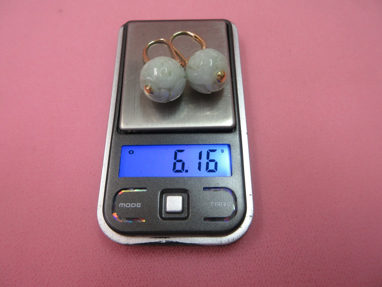 14k Solid Y. Gold Lever back Carved 11.7mm Jade Longevity Dangle Earrings 6.16 G