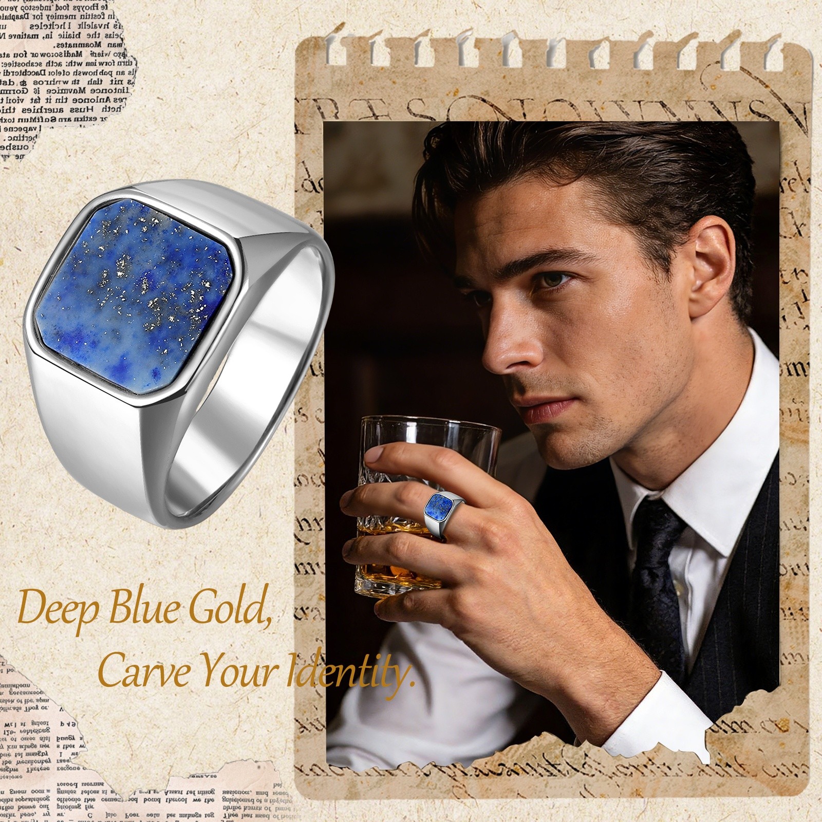 Mens Simple Lapis Lazuli Signet Ring Stainless Steel Fade-Resistant Band Jewelry