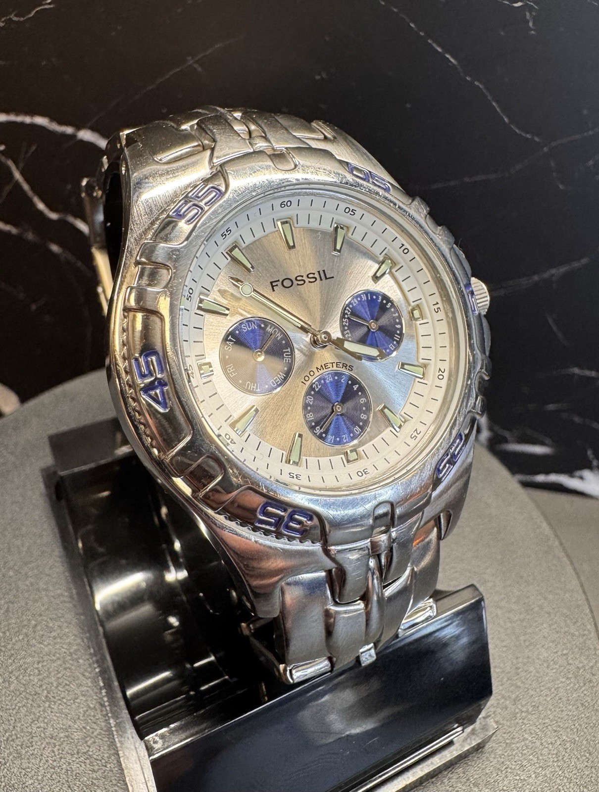 Fossil Blue BQ-9165 VTG Men’s Quartz Watch 100M Stainless Steel Silver/Blue Dial