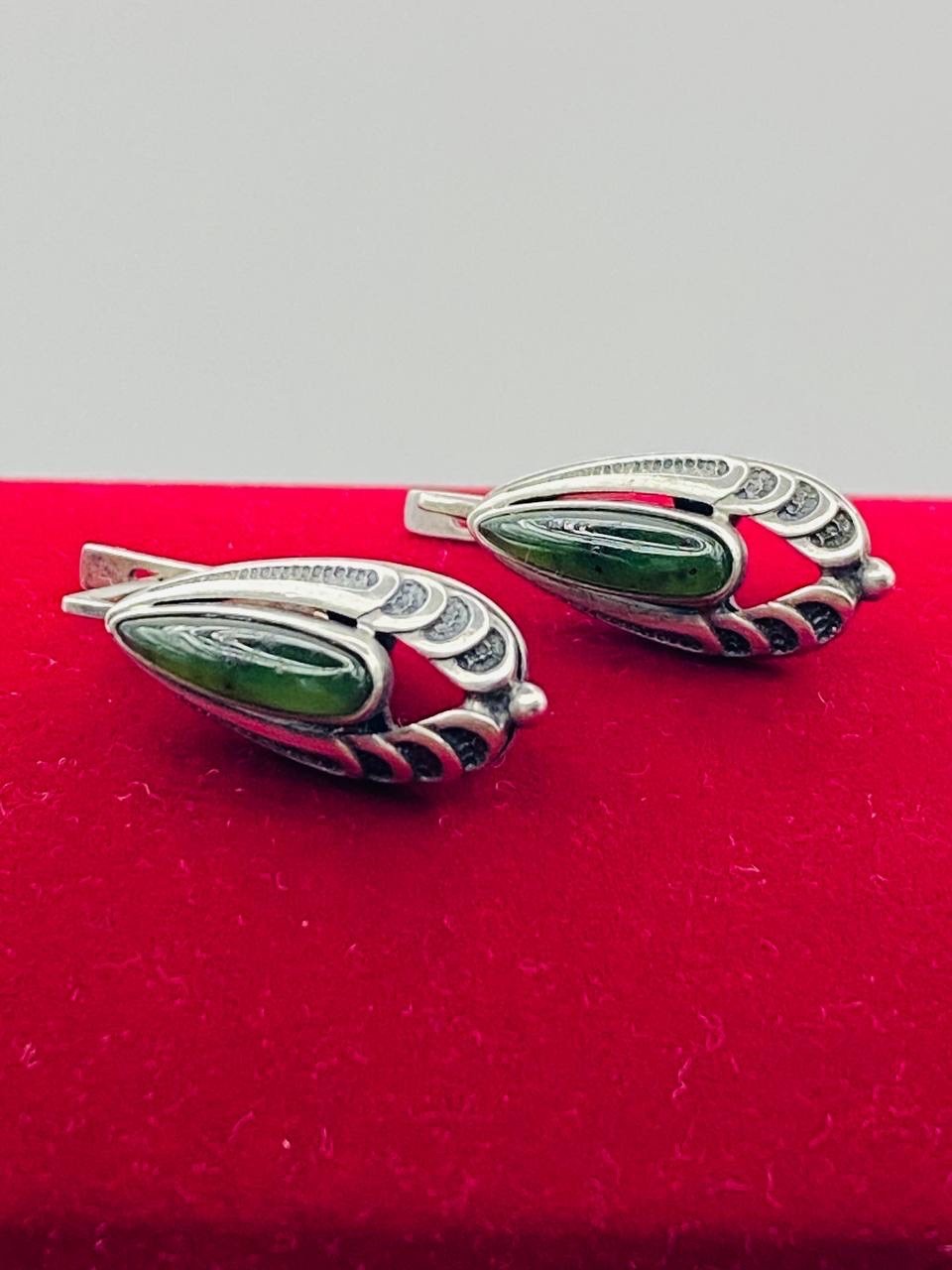 Vintage soviet Jade Earrings Silver 875 Cabochon ussr СЮ