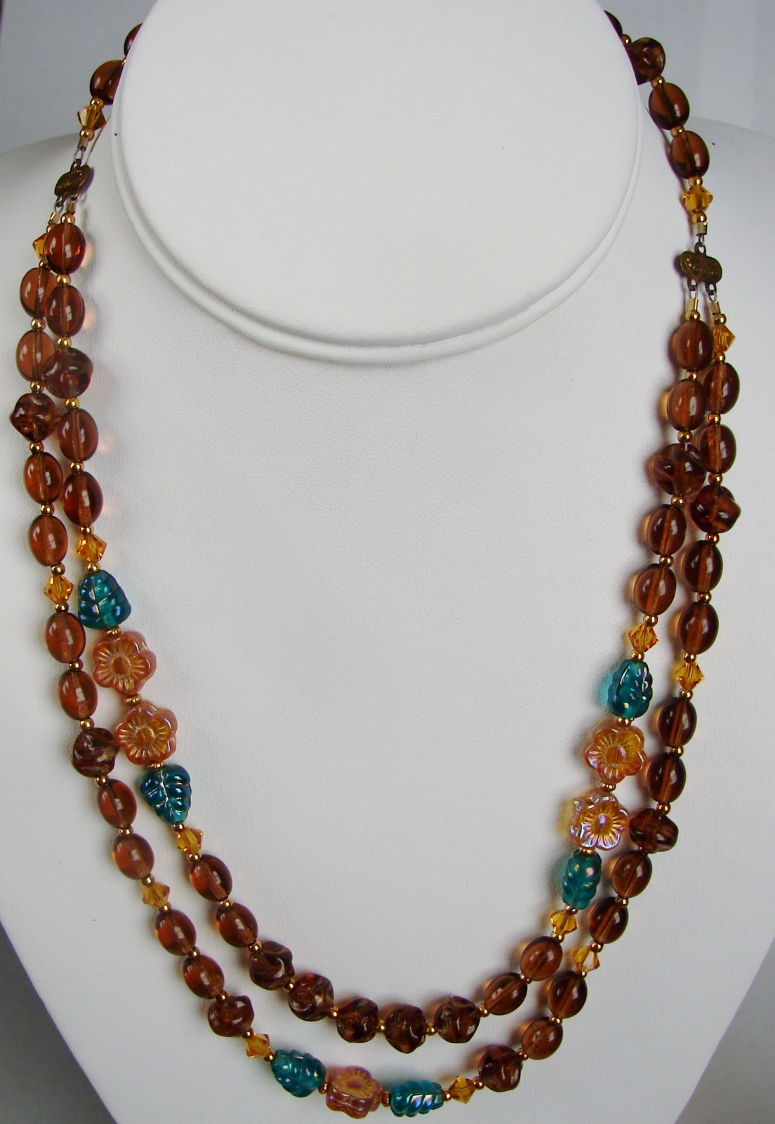 9″ Double Strand Amber-toned Bead Necklace w/Turquoise Colored Accents