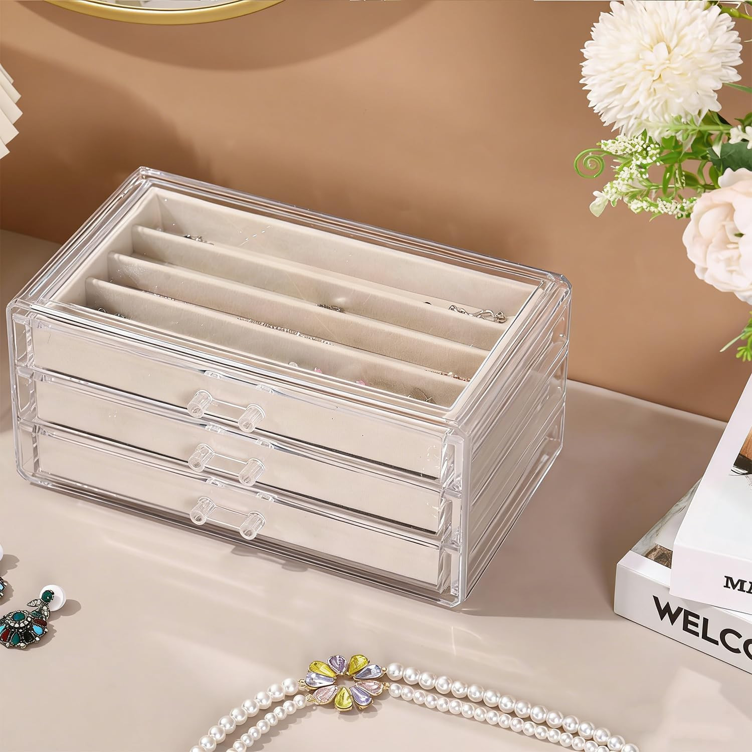 Necklace Organizer Box with Clear Lid, Dustproof Velvet Jewelry Holder Storage D