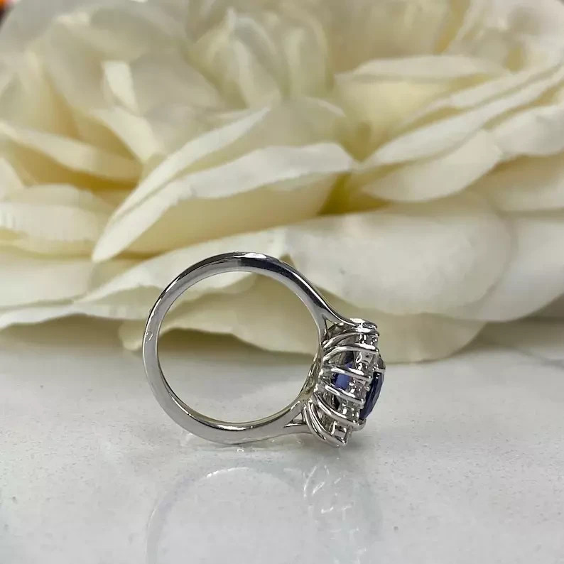 3.00 Ct Cushion Natural Sapphire & Diamond Engagement Ring 14K White Gold Size 5