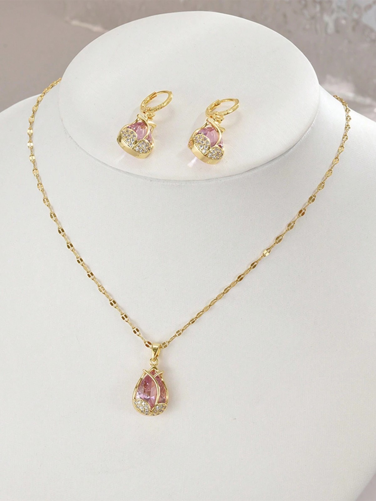 3Pcs/Set Stainless Steel Tulip Decorated With Full Rhinestone Necklace For Women