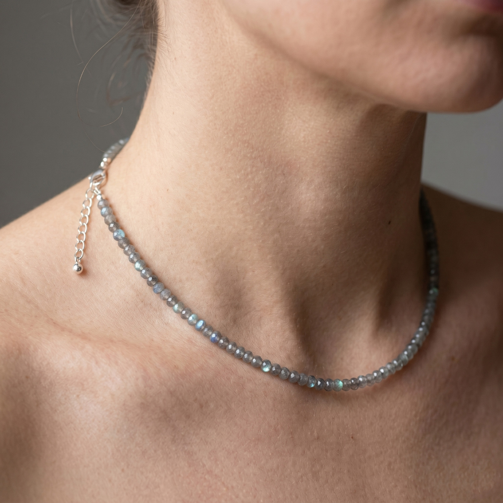 2mm Natural Labradorite Choker Necklace Adjustable Silver Plated Intuition