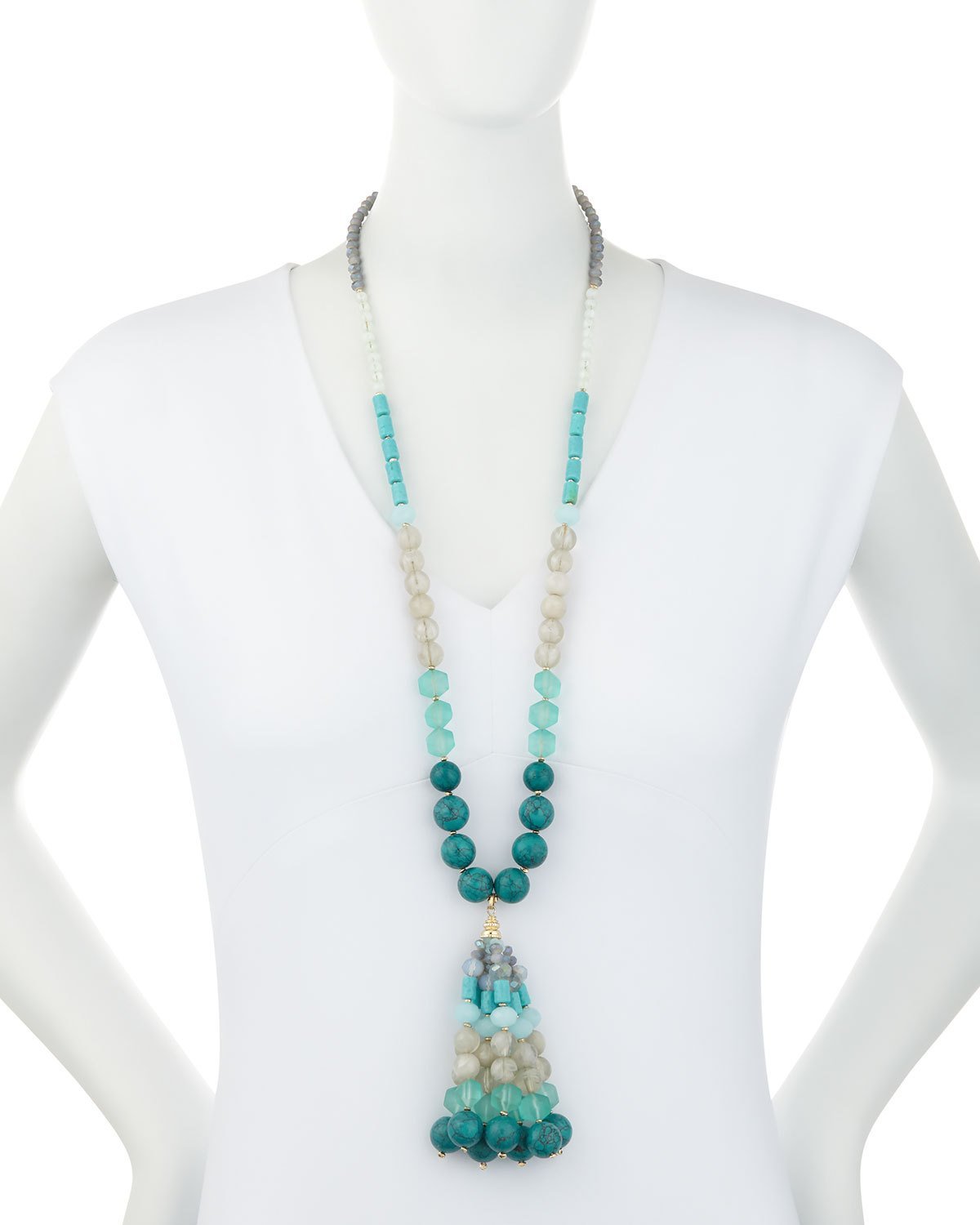 NWT $96 Lydell NYC Beaded Tassel Pendant Necklace, Turquoise / Multi / Gold