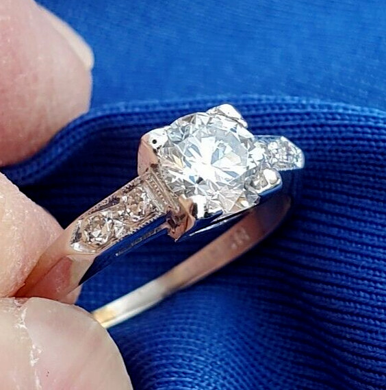 Original EARTH MINED DIAMOND Deco Engagement Ring Vintage PLATINUM Solitaire S 5