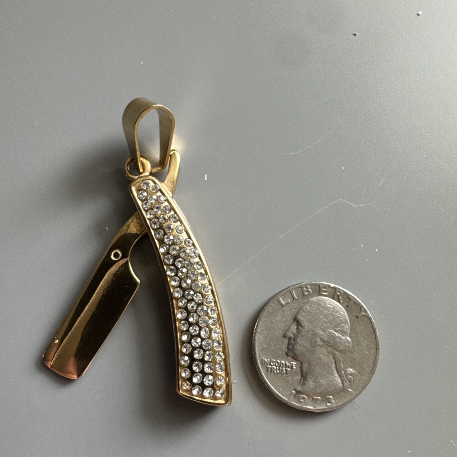 Razor Blade Barber Gold Plated Cubic Zirconia Pendant 24 Inch Chain Men’s Gift