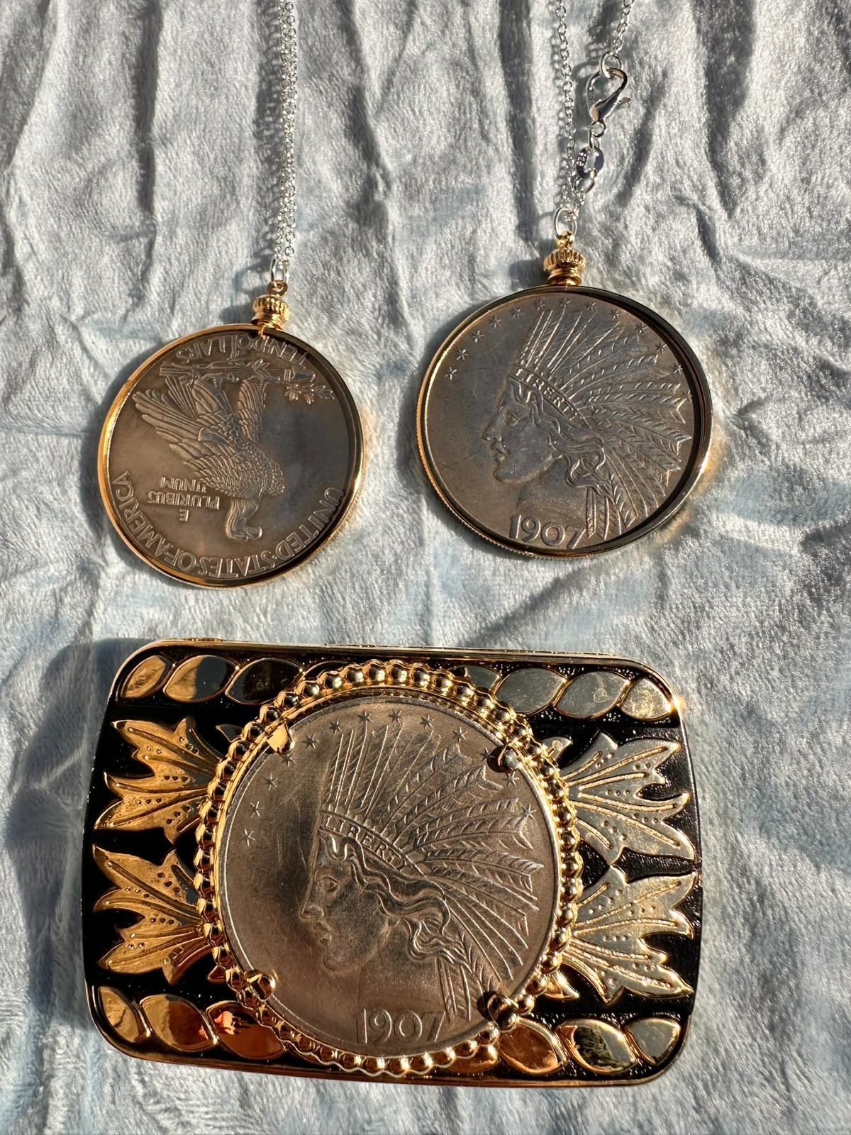 Antique 1907 Silver Indian Head Eagle & 24K Gold Necklace or Belt Buckle Bar