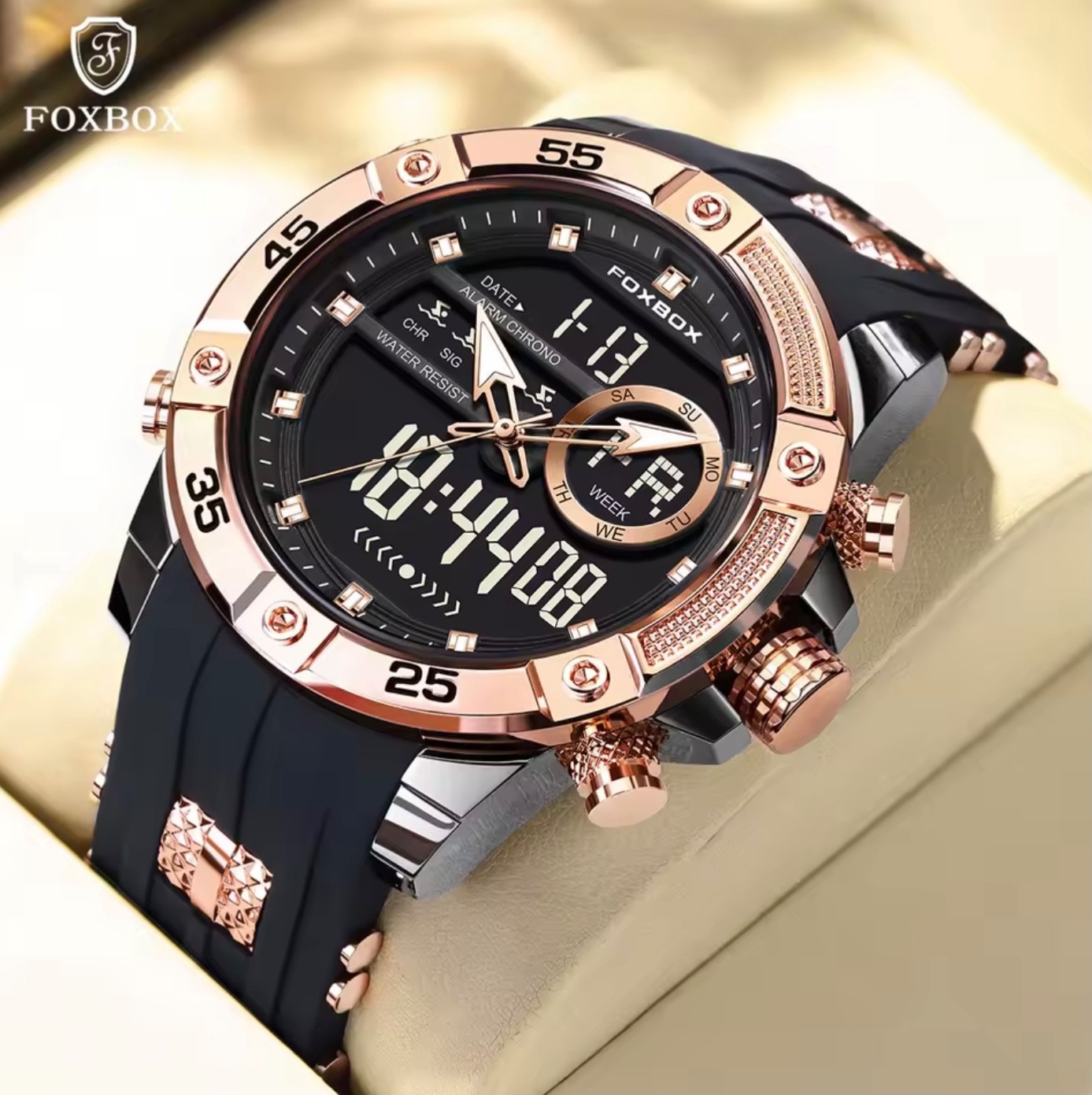 FOXBOX Mens Quartz Luxury Wristwatch Digital Analogue Rose Gold etc.
