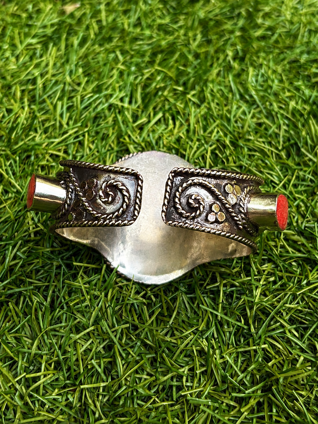 Desert Sun Cuff Turquoise Orange Red Inlay Boho Statement Bracelet Morocco