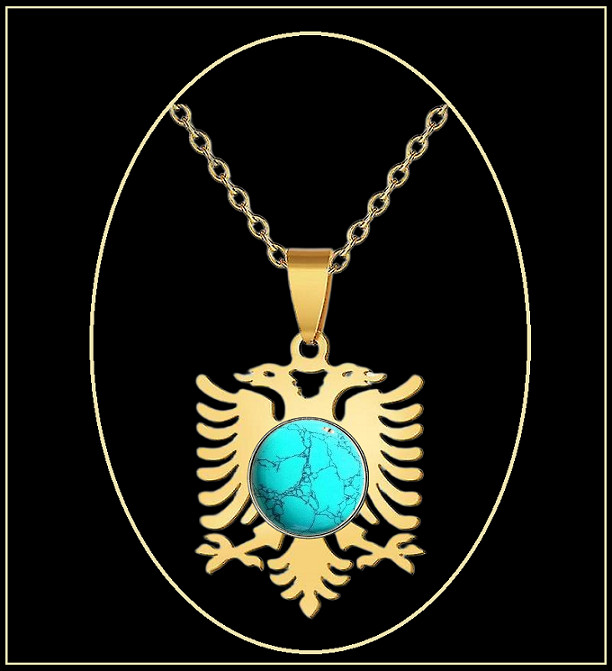 ALBANIA COAT OF ARMS Necklace – Gold Double Eagle – Domed Turquoise Emblem