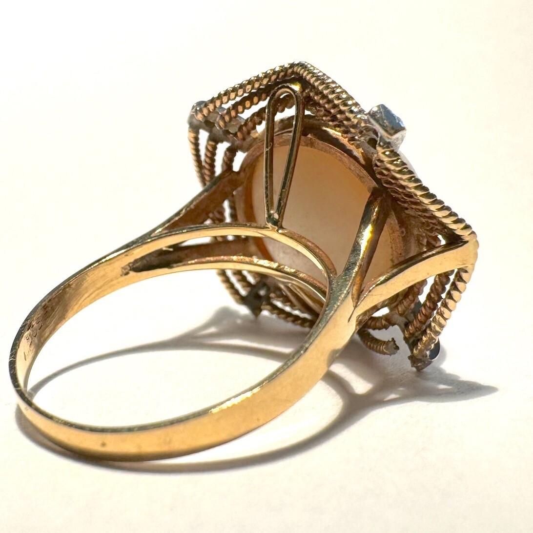 VINTAGE 8 DIAMOND & 12.4MM MABE PEARL 14K GOLD RING