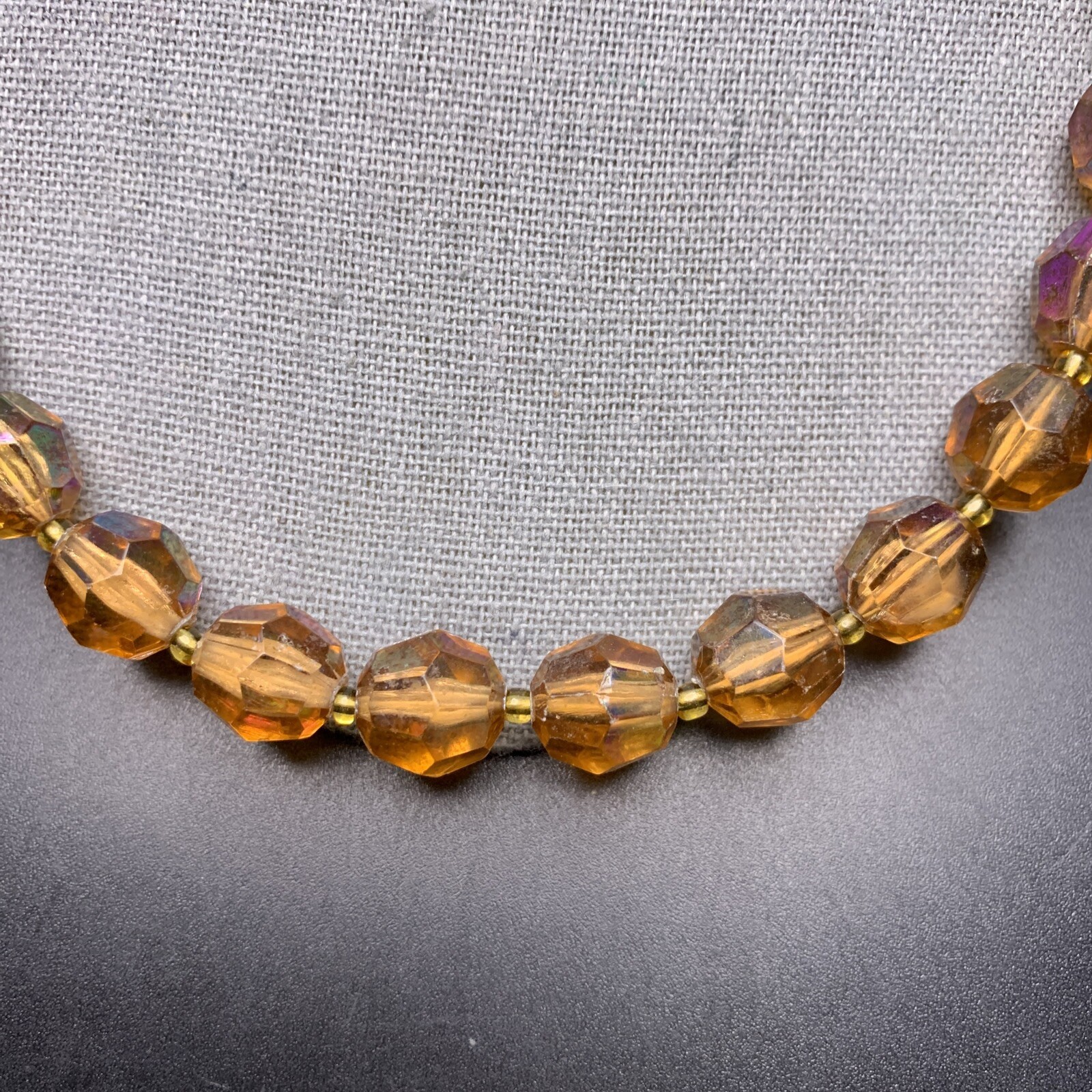 Honey Amber Tone Acrylic Bead Necklace Aurora Borealis AB Coated Beaded Vintage