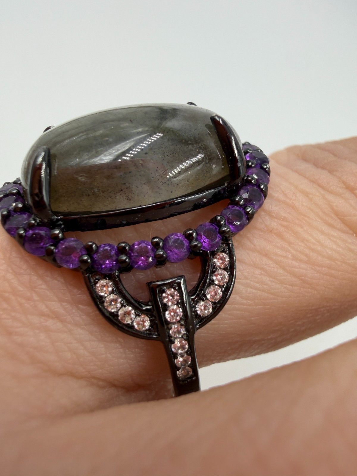 Sterling Silver Ring Signed 925 Green Purple Statement Chunky 10 PX