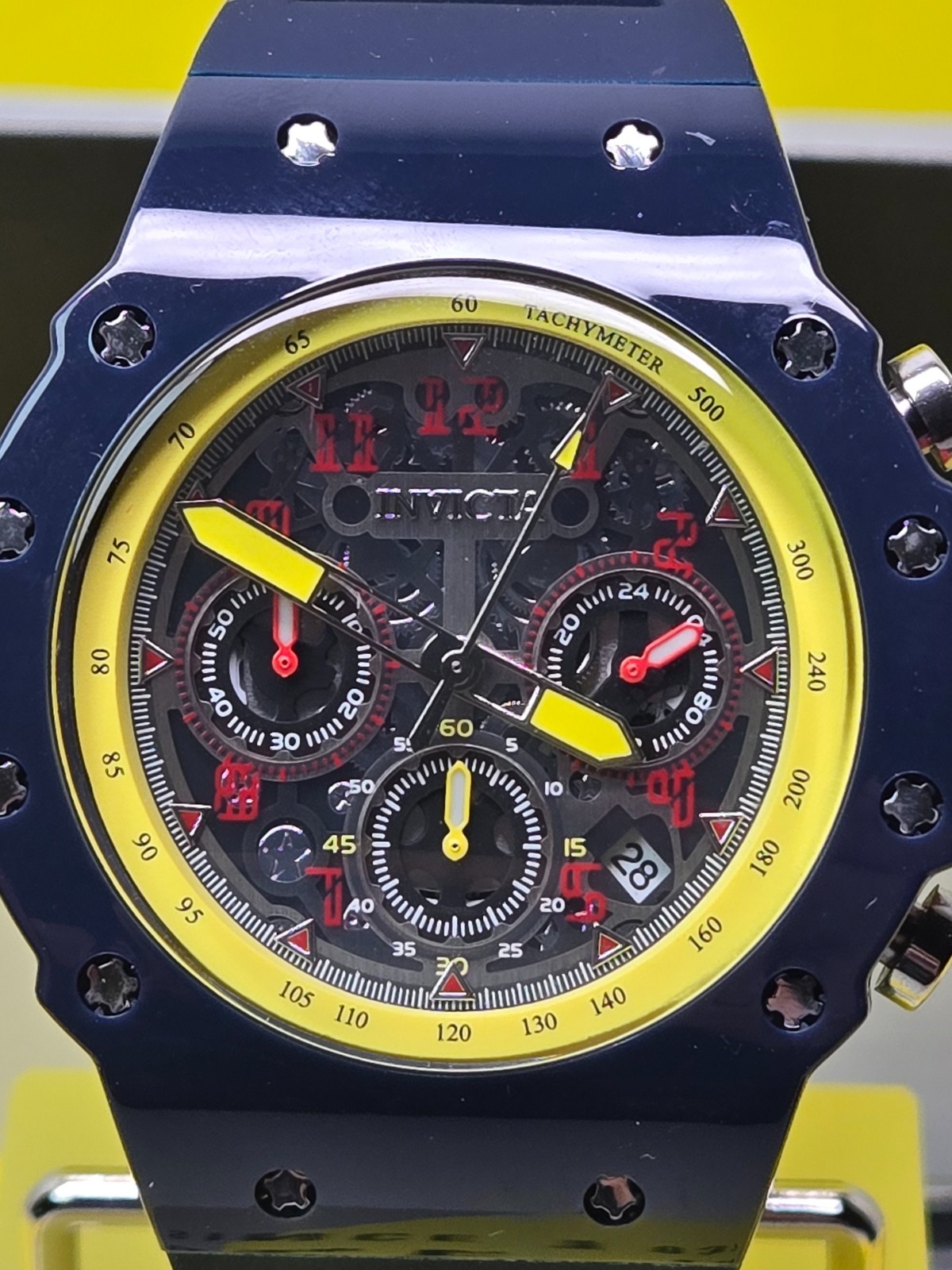 Invicta Racing Valyron Dark Blue/Yellow/Red 43.5mm Men’s Watch w/ Black Dial NEW