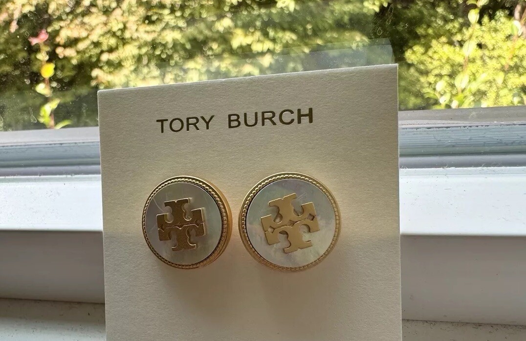 New Tory Burch White Semi-Precious Gold Tone Mother Of Pearl Logo Stud Earrings