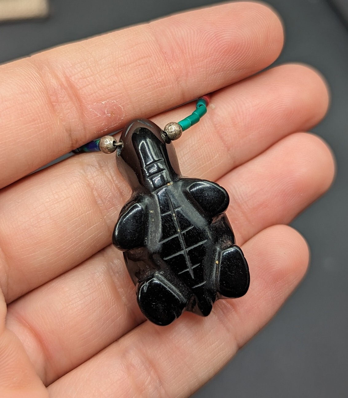Multi Color Inlay Black Stone Carved Turtle Southwestern Beaded Necklace 25″