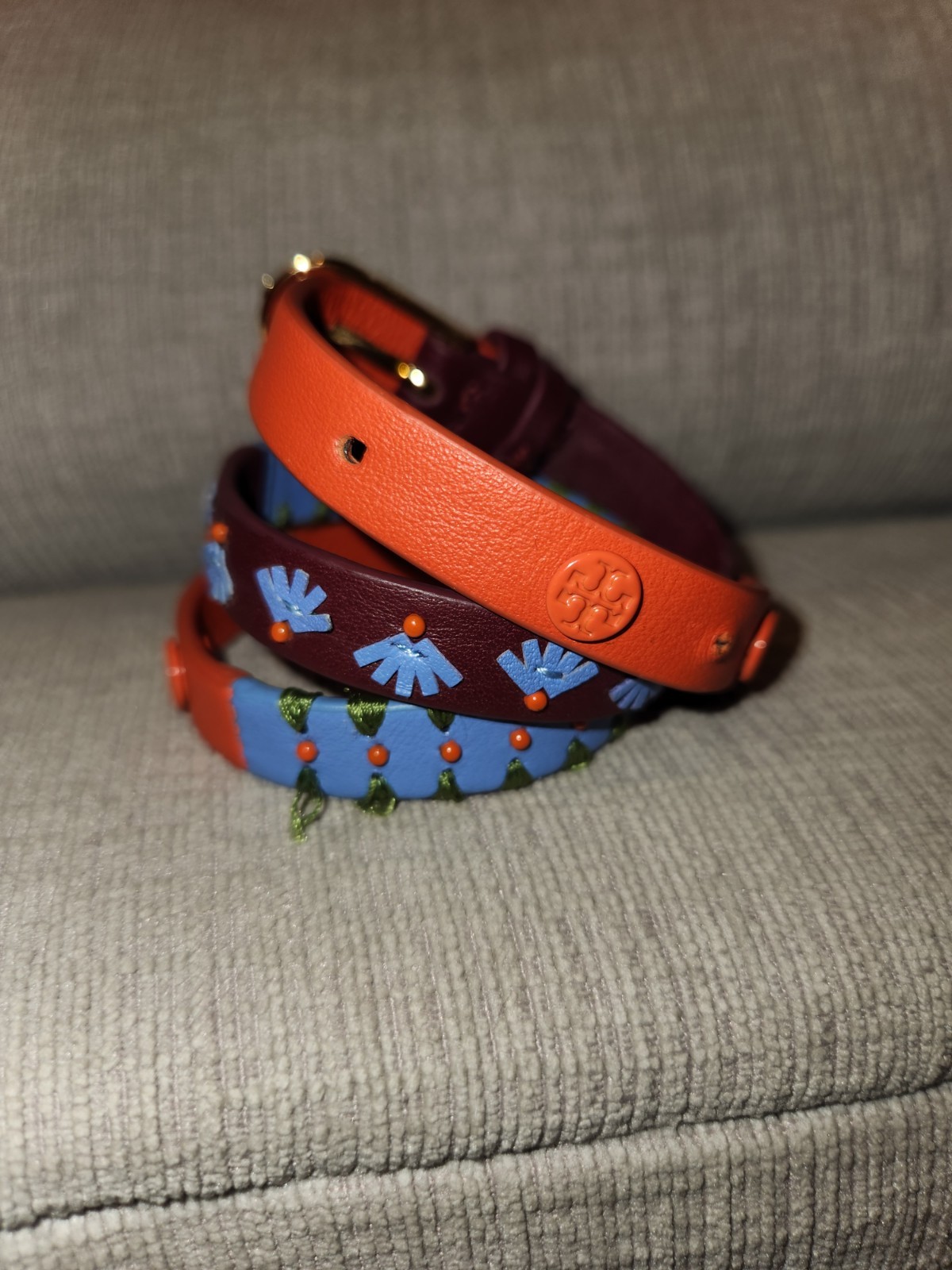 Tory Burch Orange Blue Leather Woven Logo Wrap Bracelet Belt Look Design