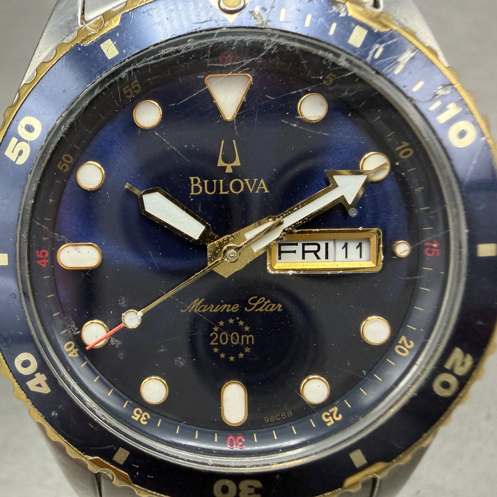 Bulova Marine Star Dive Watch Men 42mm Blue Dial Two Tone Daydate 98C58 New Batt