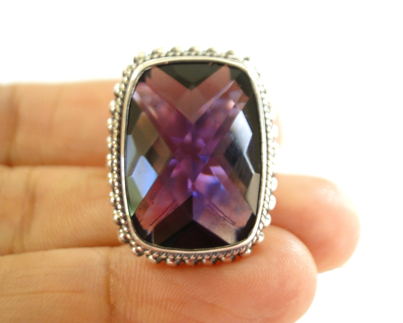 Amethyst 925 Sterling Silver Cushion Statement Ring Boho