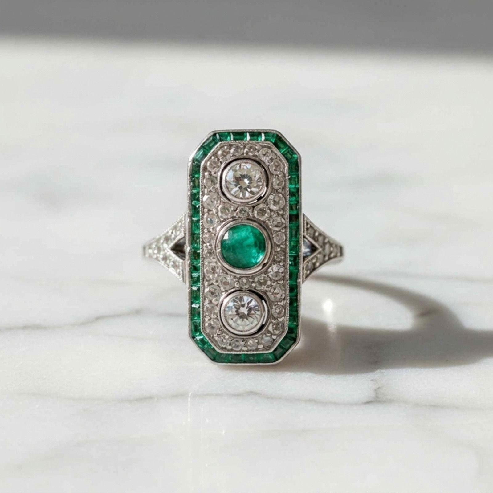 Green Round Lab Created Diamond 14K Gold Edwardian Trilogy Cocktail Dinner Ring
