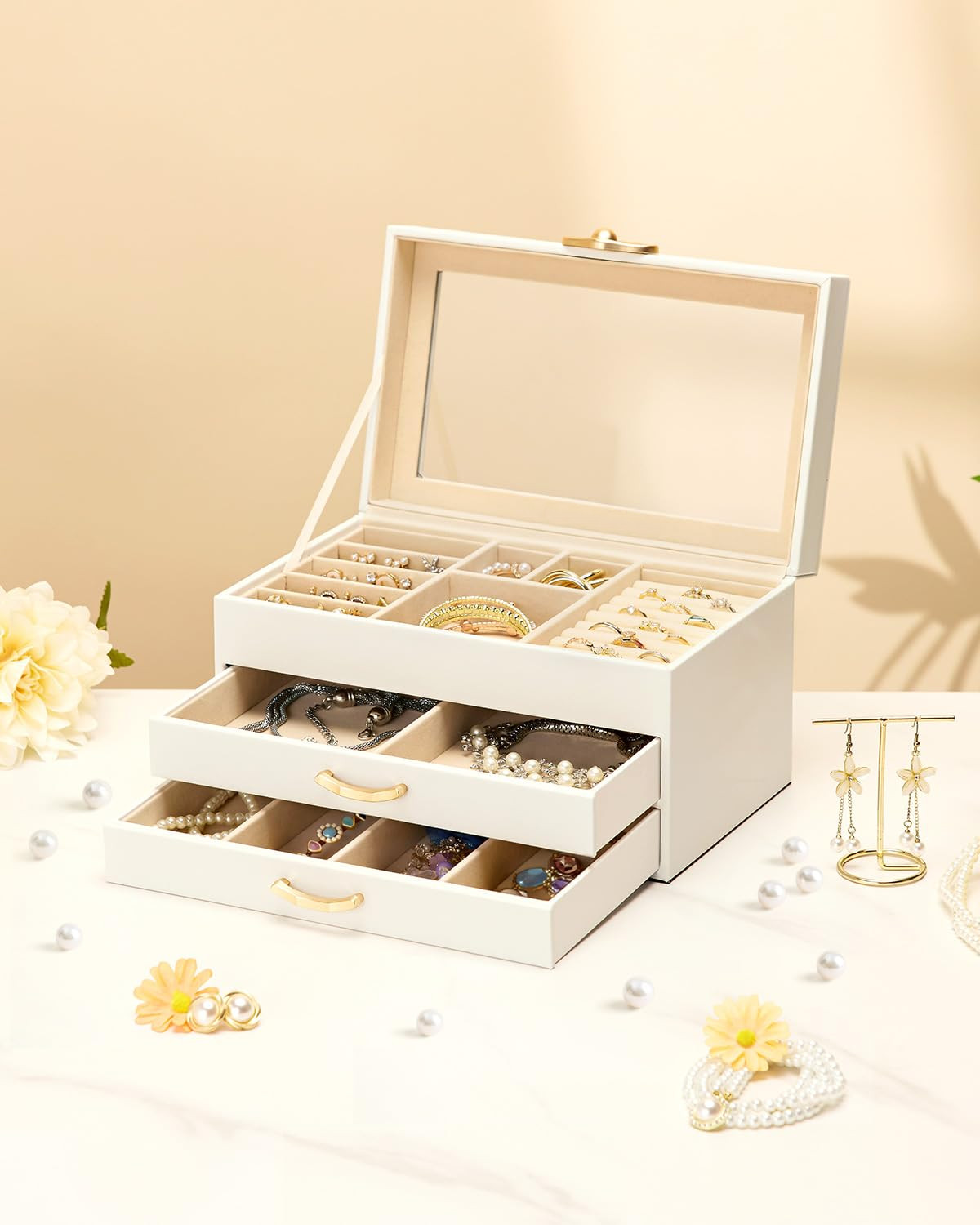 Jewelry Box 3 Drawers Glass Lid Leather Organizer Storage Display White Gift